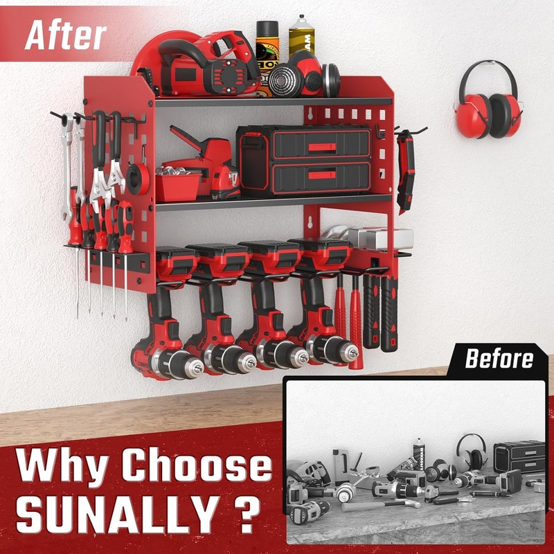 SUNALLY Store Power Tool Organizer, Heavy Duty Wall Mount Tool Organizer 3 Layers with 4 Drill Holders, Garage Tools Storage Rack with 2 Side Pegboards and Hooks for Workshop, Shed, Red - Image 3